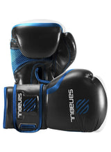 Sanabul  Essential Gel Boxing Gloves for Men & Women – Pro-Tested Kickboxing, MMA, Muay Thai & Heavy Bag Training Gloves – Shock-Absorbing Gel Padding – Black/Metallic Blue 1