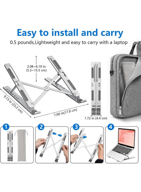 Lukadah Laptop Stand for Desk, Aluminum Metal MacBook Stand，Computer Riser for Desk, Portable Foldable Adjustable Notebook Holder, Compatible with 10-15.6 Inch Laptops, iPad