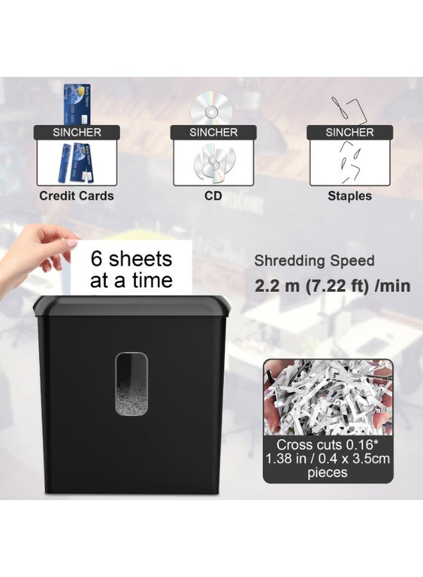SINCHER SCH06 Cross-Cut Paper Shredder - 6-Sheet Capacity, Shreds CDs and Credit Cards, 11L Waste Bin - Ideal for Home or Office