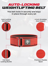 FIT TRIBE Weight Lifting Belt, Self-Locking Adjustable Gym Belt, Powerlifting & Strength Training Lumbar Support, Durable Nylon Belt for Men & Women Fitness Workouts (Red) 4