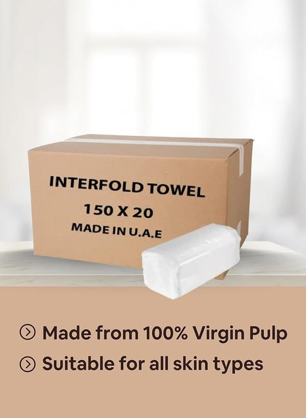 cleaning superstore Interfold Tissue Hand Towels – 150 Sheets x 3 Packs, Soft, Absorbent, Hygienic Paper Towels for Restrooms, Offices and Public Spaces