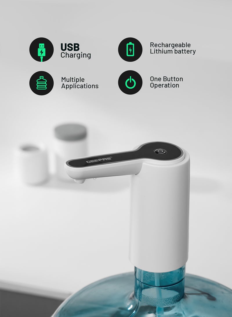 GEEPAS Rechargeable Mini Water Dispenser Portable and Light-Weight Pump with Easy Press Mechanism and USB Charge Plug and Play White and Black