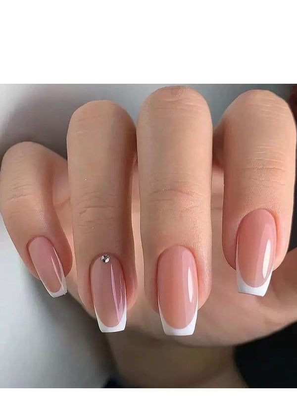 JOSQUEWNN Press On False Nails,24pcs,Simple Pink French Manicure Press-On Nails,Embellished With Rhinestones.Acrylic Nails With Glue Kit.