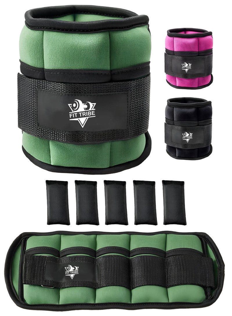FIT TRIBE 2pcs Adjustable Ankle Weights 1-5 lbs Each, 2-10 lbs Pair Leg Weights, Perfect for Strength Training, Fitness, Core Workouts, Walking, and Jogging, Comfortable Secure Fit for Men & Women (Olive)