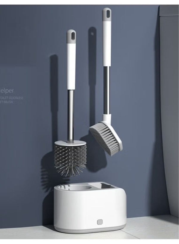 Haidue Silicone Toilet Brush and Holder with Bristle Scrubbers Set for Cleaning Bathroom Rust Free  Non Slip Long Handled Toilet Brush