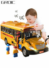 GROIC School Bus Toy,Yellow School Bus Toys Gift for Kids with Lights Sounds and Openable Doors,Car Model,Educational Toys for Children 5