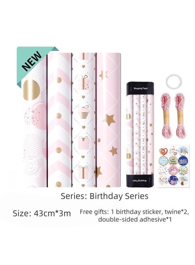 JOSQUEWNN 4 PCS Pink Gift Wrap Paper Roll, Birthday Wrapping Paper for Girl, Pastel Pink Girly Gift Wrap Paper for Valentines Day, Christmas, Wedding, Baby Shower (Mini Roll,43CM x 300CM Per Roll)