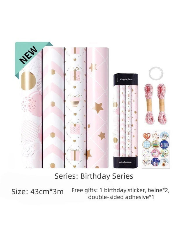 JOSQUEWNN 4 PCS Pink Gift Wrap Paper Roll, Birthday Wrapping Paper for Girl, Pastel Pink Girly Gift Wrap Paper for Valentines Day, Christmas, Wedding, Baby Shower (Mini Roll,43CM x 300CM Per Roll)