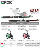 GROIC 1.8m Fishing Rod and Reel Combo, 2PCS Telescopic Fishing Rod, Spinning Reels *2, Fishing Hooks Bait Set,Portable Fishing Pole Set with Carrier Bag 3