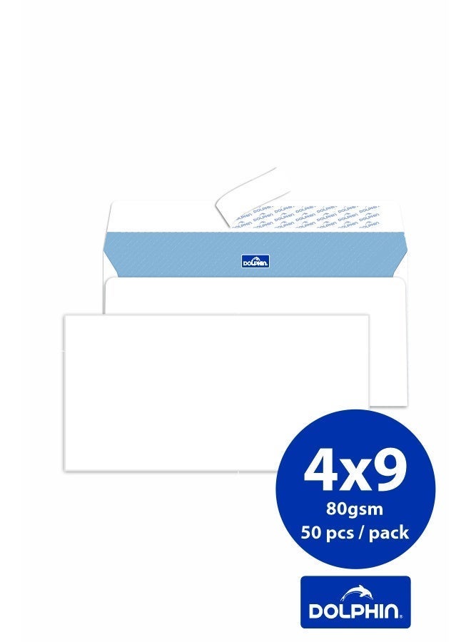 Dolphin White Pocket Envelopes 4.5 x 9 Inch 80 GSM Peel & Seal Closure, Pack of 50