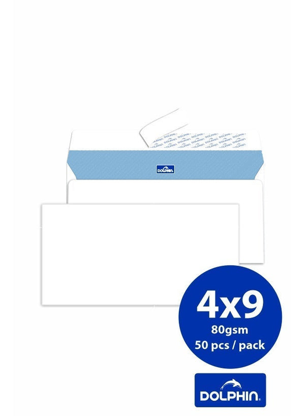 Dolphin White Pocket Envelopes 4.5 x 9 Inch 80 GSM Peel & Seal Closure, Pack of 50