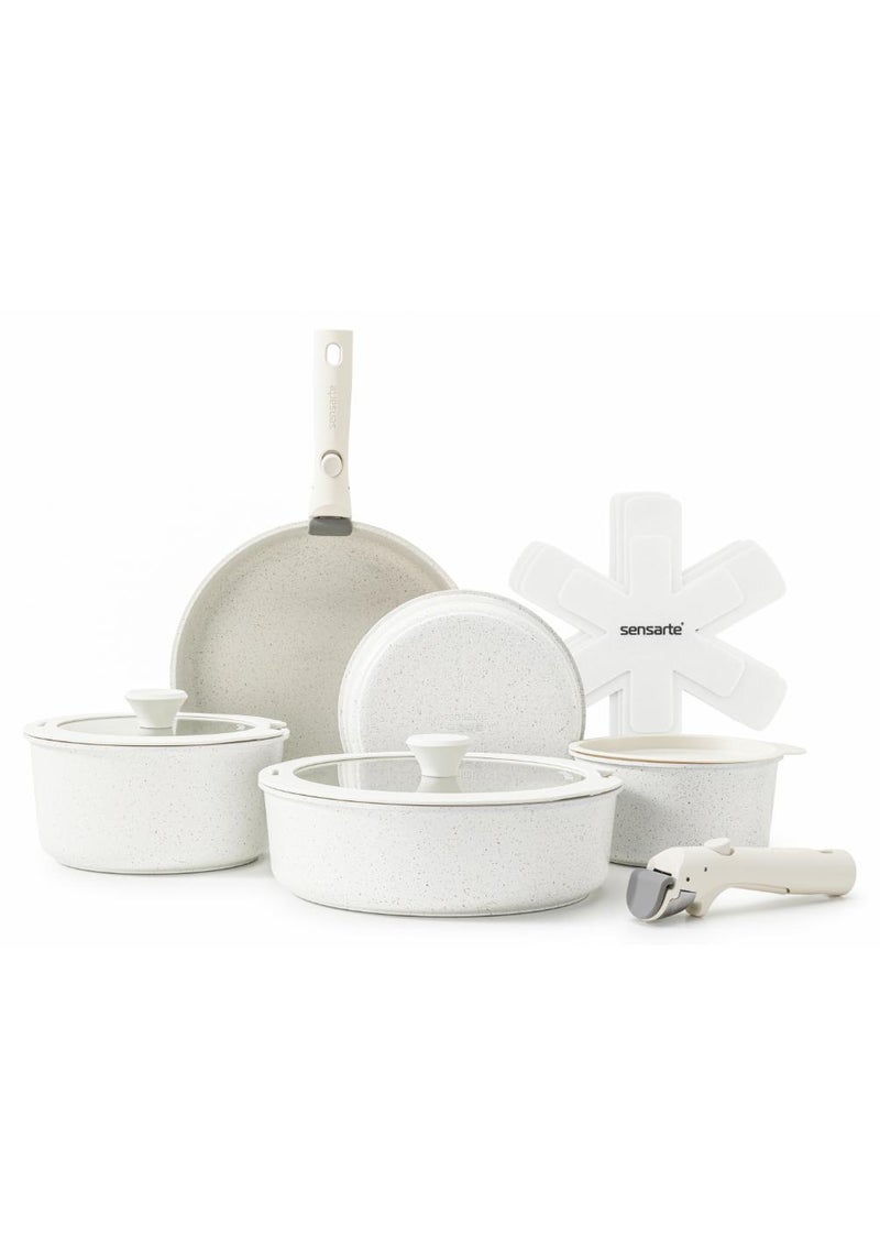 Sensarte Pots And Pans Set Nonstick With Detachable Handles, 14Pcs Induction Cookware Set Stackable, Space Saving Kitchen Cookware Sets With Removable Handle White