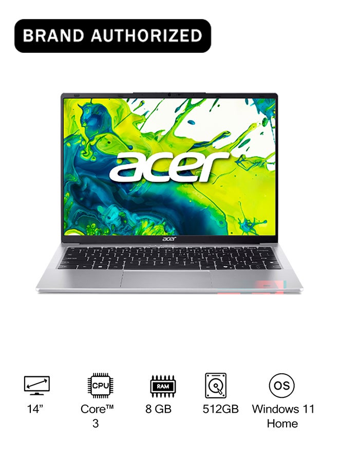 宏碁 Aspire Lite AL14 笔记本电脑，搭载第 14 代英特尔酷睿 3-N355 八核处理器（最高主频 3.9GHz）、8GB LPDDR5 内存、512GB 固态硬盘、英特尔集成显卡、14 英寸 WUXGA IPS 超窄边框显示屏、WiFi 6 和 Windows 11 家庭版（银色）。