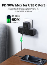 Ugreen 6 IN 1 Power Strip Extension Plug Multiple 3 AC Outlet Sockets, USB C Fast Charger 3 USB Ports, Triple UK Plug Extender Extension Board USB Charging Station Surge Protector for Kitchen, Home Office Accessories 6 in 1 Black 4
