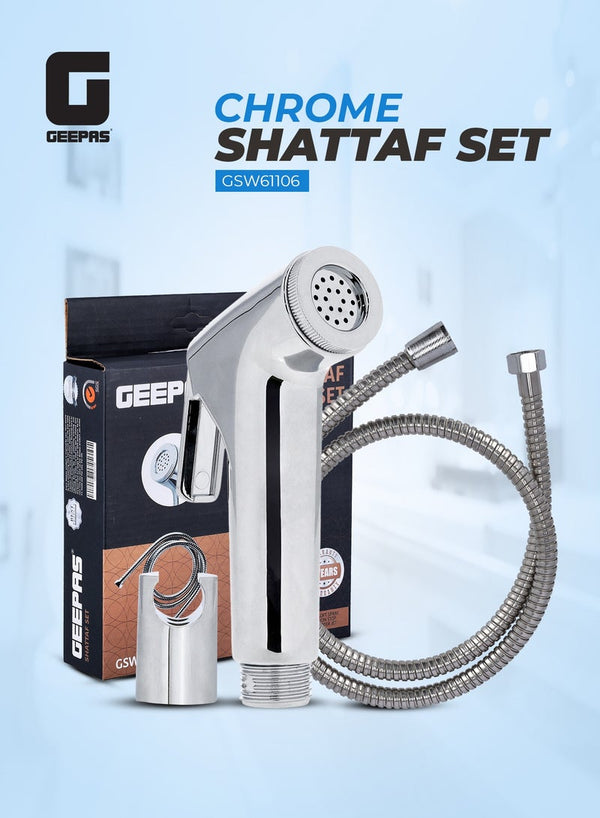 GEEPAS Chrome Shattaf Set | Soft Spray, Non-Stop Water Jet With Easy to use Mechanism | High-Quality ABS Material And High Grade Chrome, 1/2" Standard Connector| For Bathroom Use GSW61106