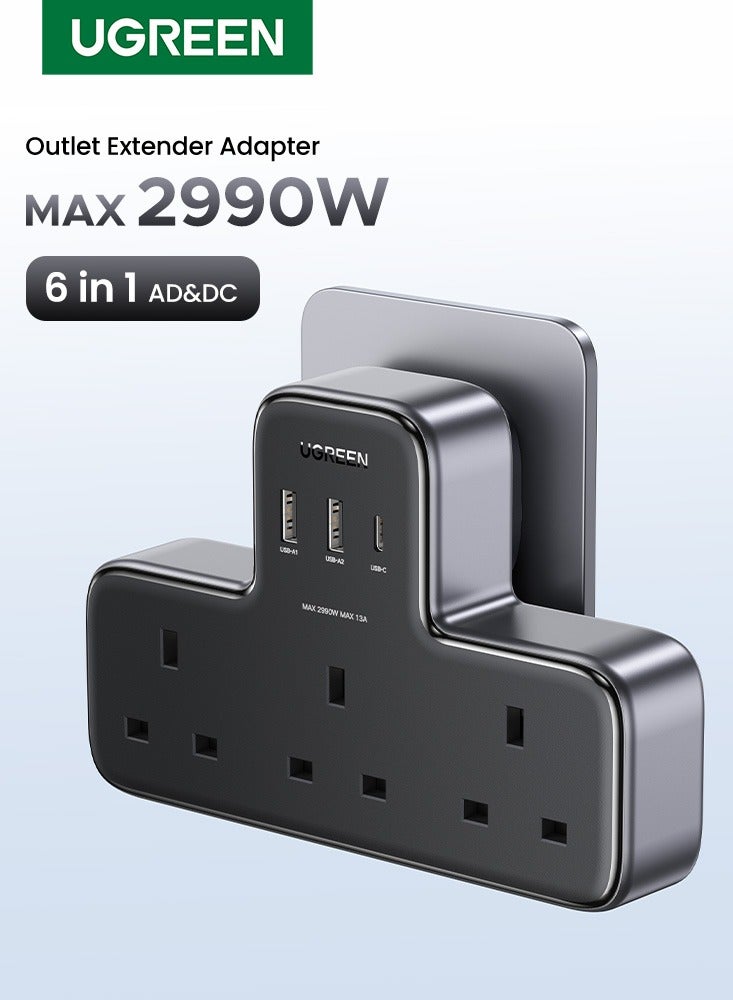 Ugreen 6 IN 1 Power Strip Extension Plug Multiple 3 AC Outlet Sockets, USB C Fast Charger 3 USB Ports, Triple UK Plug Extender Extension Board USB Charging Station Surge Protector for Kitchen, Home Office Accessories 6 in 1 Black
