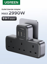 Ugreen 6 IN 1 Power Strip Extension Plug Multiple 3 AC Outlet Sockets, USB C Fast Charger 3 USB Ports, Triple UK Plug Extender Extension Board USB Charging Station Surge Protector for Kitchen, Home Office Accessories 6 in 1 Black 1