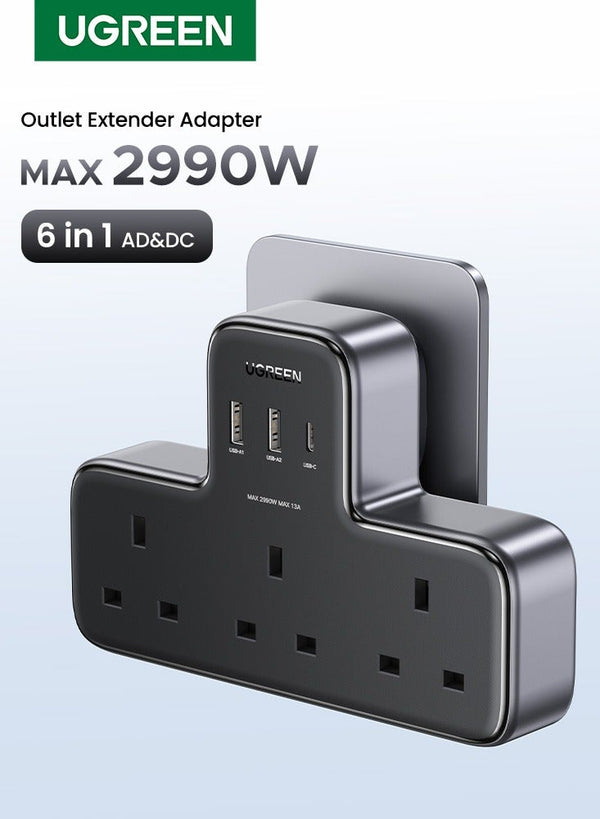 Ugreen 6 IN 1 Power Strip Extension Plug Multiple 3 AC Outlet Sockets, USB C Fast Charger 3 USB Ports, Triple UK Plug Extender Extension Board USB Charging Station Surge Protector for Kitchen, Home Office Accessories 6 in 1 Black