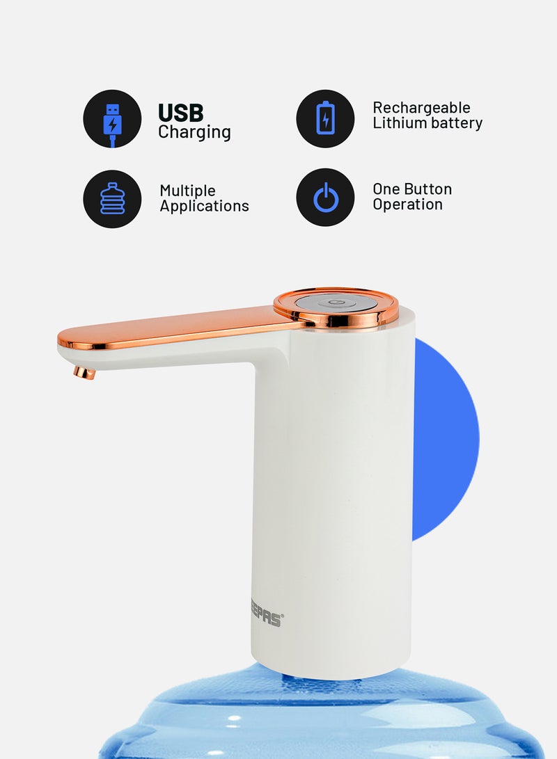 GEEPAS Rechargeable Water Pump For Water Gallon, Portable And Light-Weight With Easy One Touch Mechanism And USB Charging, Can Be Used At Home And Office White/Rose Gold