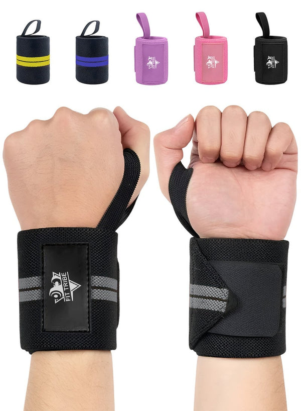 FIT TRIBE Workout Wrist Straps for Powerlifting - Premium Wrist Support for Men & Women - Thumb Loops for Extra Grip and Comfort - Ideal for Weightlifting and Intense Workouts (Grey Stripes)