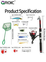 GROIC 1.8m Fishing Rod and Reel Combo, 2PCS Telescopic Fishing Rod, Spinning Reels *2, Fishing Hooks Bait Set,Portable Fishing Pole Set with Carrier Bag 2