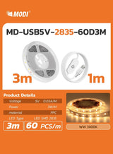 MODI 3M LED Strip Light Warm White 3000K USB Powered with Switch, 60 LEDs/M Flexible Tape Light with 1M Cable, Low Voltage Safe Lighting for TV, PC, Bedroom, Gaming & Room Decor 3