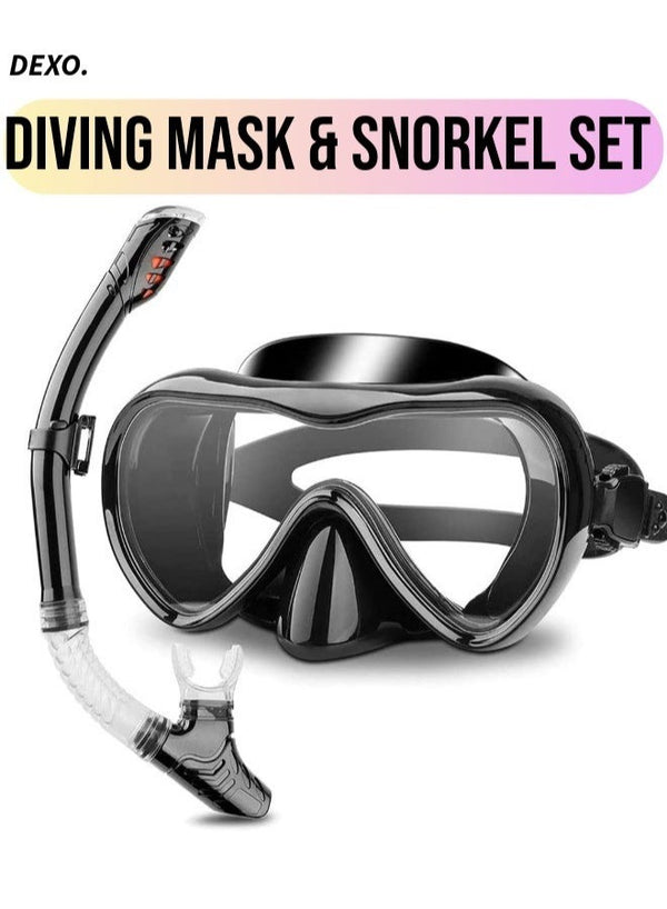 DEXO Diving Mask & Snorkel Set with Dry Top System – 180° Panoramic Tempered Glass Anti-Fog Snorkeling Gear for Adults & Youth
