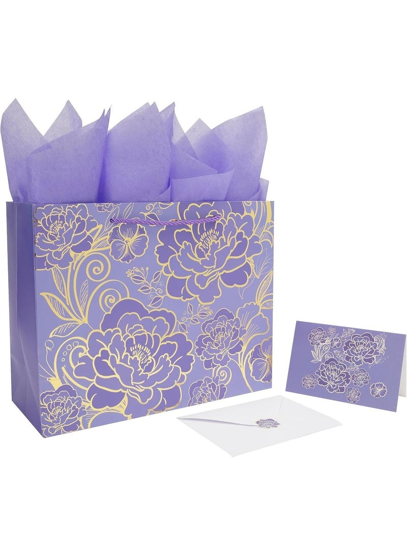 JOSQUEWNN 2pcs Large Gift Bags with Greeting Card and Tissue Paper，Rose Purple Gift Bag for Celebrating Birthdays, Valentine's Day, Weddings, Anniversaries, Mother's Day 32*25*10CM