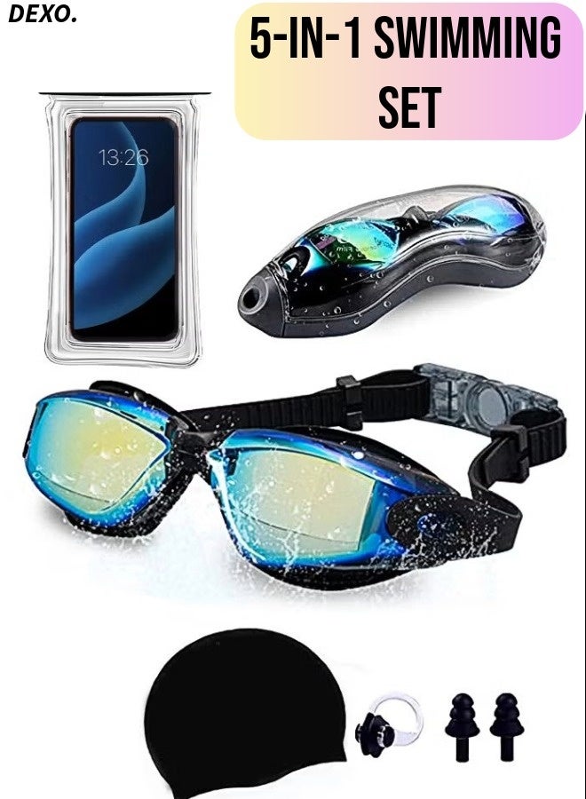 DEXO 5-in-1 Anti-Fog Swimming Goggles Set with UV Protection, Leakproof Silicone Fit, Cap, Nose Clip, Earplugs & Case – Unisex for Men, Women & Teens