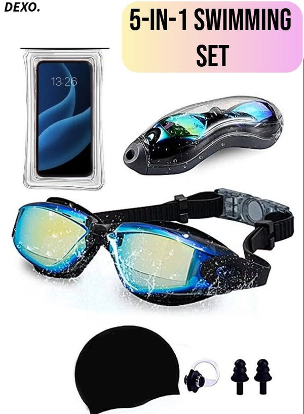 DEXO 5-in-1 Anti-Fog Swimming Goggles Set with UV Protection, Leakproof Silicone Fit, Cap, Nose Clip, Earplugs & Case – Unisex for Men, Women & Teens