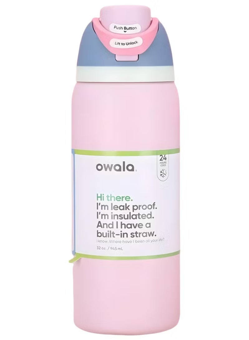 Owala 32oz Insulated Stainless Steel Water Bottle with Built-In Straw, One Click Leak Proof Flip Lid Thermos Flask, Pastel Pink Color Block Travel Sports Vacuum Water Tumbler for Gym School Outdoor Camping