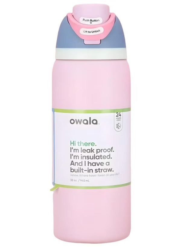 Owala 32oz Insulated Stainless Steel Water Bottle with Built-In Straw, One Click Leak Proof Flip Lid Thermos Flask, Pastel Pink Color Block Travel Sports Vacuum Water Tumbler for Gym School Outdoor Camping