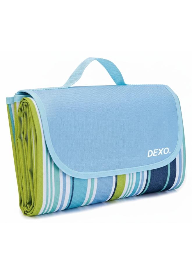DEXO Waterproof Foldable Outdoor Picnic Mat – Large 145x180cm, Blue Stripes – Sandproof, Tear-Resistant, Beach Blanket, Portable Camping Mat for 4-6 People, Family, Travel, Festivals, Home Use