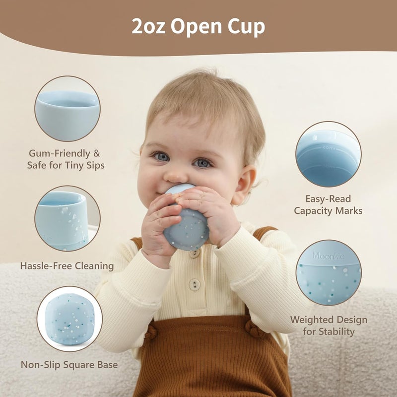 Moonkie Silicone Baby Cups 4 Months+ | Open Training Drinkware for Infants with Confetti Sprinkles | Baby-Led Weaning Essential | 2 oz (Ether/Mint, 2 Pack)