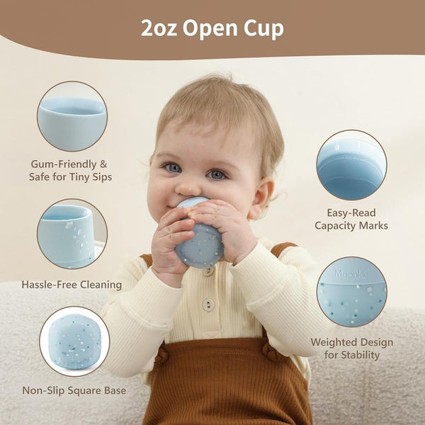 Moonkie Silicone Baby Cups 4 Months+ | Open Training Drinkware for Infants with Confetti Sprinkles | Baby-Led Weaning Essential | 2 oz (Ether/Mint, 2 Pack)