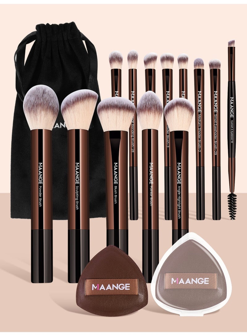 MAANGE 16Pcs Makeup Tool Set, Professional Makeup Brush Sets- Including Blush Brush, Contour Brush, Foundation Brush, Concealer Brush, Eye Shadow Brush, Powder Puff and Cloth Bags(Brown)