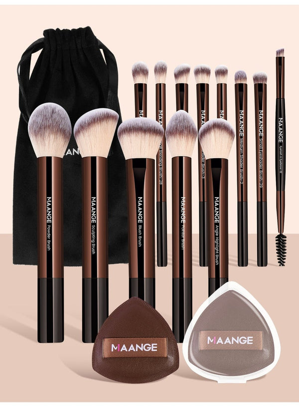MAANGE 16Pcs Makeup Tool Set, Professional Makeup Brush Sets- Including Blush Brush, Contour Brush, Foundation Brush, Concealer Brush, Eye Shadow Brush, Powder Puff and Cloth Bags(Brown)