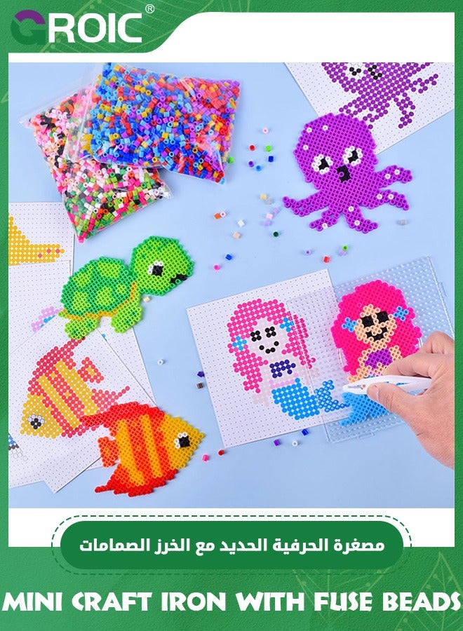 GROIC Fuse Beads with Mini Iron Set - 5000pcs Beads for Crafts, 5MM Melty Beads Set with Mini Iron for Kids Crafts with Bead Pegboard and Aqua Pony Beads, Handmade DIY Toys for Boys & Grils (Ocean Theme)