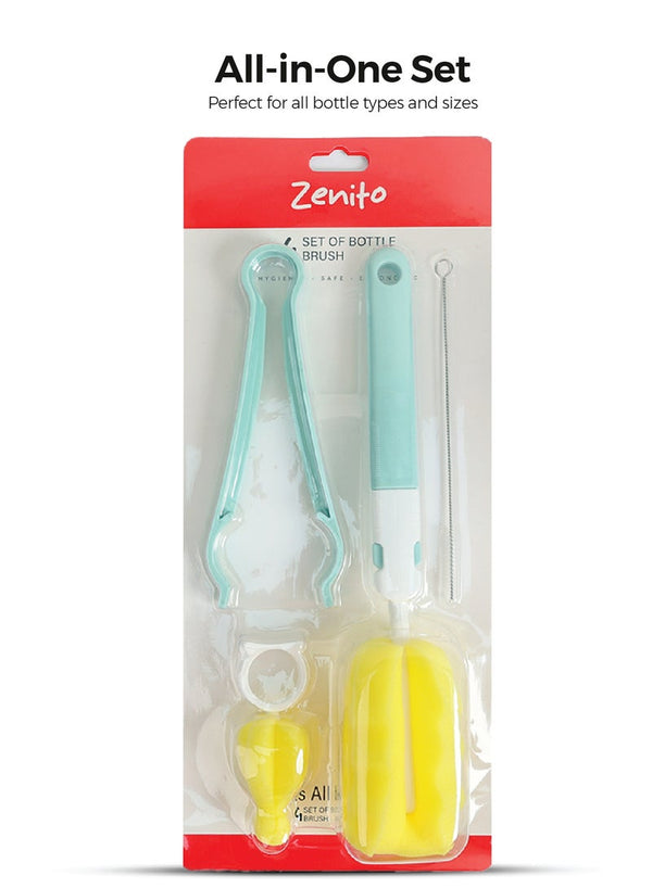 Zenito Baby Bottle & Nipple Cleaning Brushes - 4 PACK Baby Bottle Cleaning sponge Brush with long handle, Includes Nipple Cleaner , Bottle Clip, Water Bottle & Straw Cleaner, Multicolor