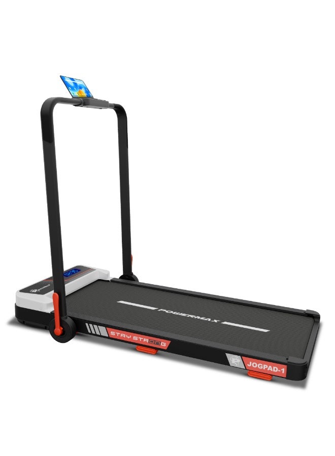 PowerMax Fitness JogPad-1 3HP Motorized 2-in-1 Treadmill for Home & Office Use with Remote Control, 8% Manual Incline, 10 km/h Max Speed, 120 kg Max User Weight, Compact Design, Shock Absorption 950x405mm Running Deck, LED Display, iPad Holder