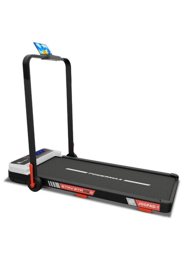 PowerMax Fitness JogPad-1 3HP Motorized 2-in-1 Treadmill for Home & Office Use with Remote Control, 8% Manual Incline, 10 km/h Max Speed, 120 kg Max User Weight, Compact Design, Shock Absorption 950x405mm Running Deck, LED Display, iPad Holder