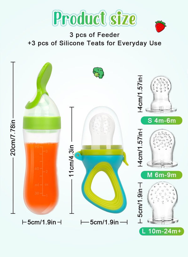 URbazaar Baby Food Feeder, 2 Pack Baby Fruit Feeder Pacifier Fresh Food Feeder with 3 Sizes Silicone Pouches,1 Baby Feeding Spoons for Toddlers Infant