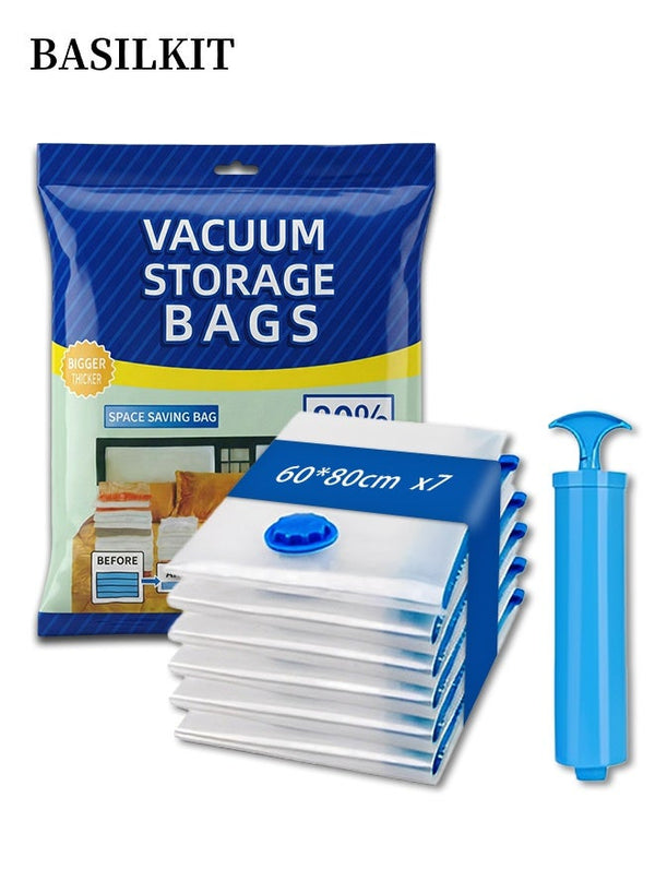 BASILKIT 7-Piece Vacuum Storage Bags 60x80cm,Reusable Compression Space Saving Bags ,Foldable, Durable and Space Saver , with Free Hand Pump for Packing Clothes andBedding for Travel