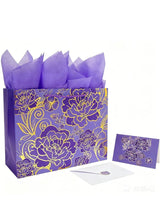 JOSQUEWNN 2pcs Large Gift Bags with Greeting Card and Tissue Paper，Rose Purple Gift Bag for Celebrating Birthdays, Valentine's Day, Weddings, Anniversaries, Mother's Day 32*25*10CM 6