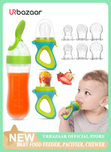 URbazaar Baby Food Feeder, 2 Pack Baby Fruit Feeder Pacifier Fresh Food Feeder with 3 Sizes Silicone Pouches,1 Baby Feeding Spoons for Toddlers Infant 6
