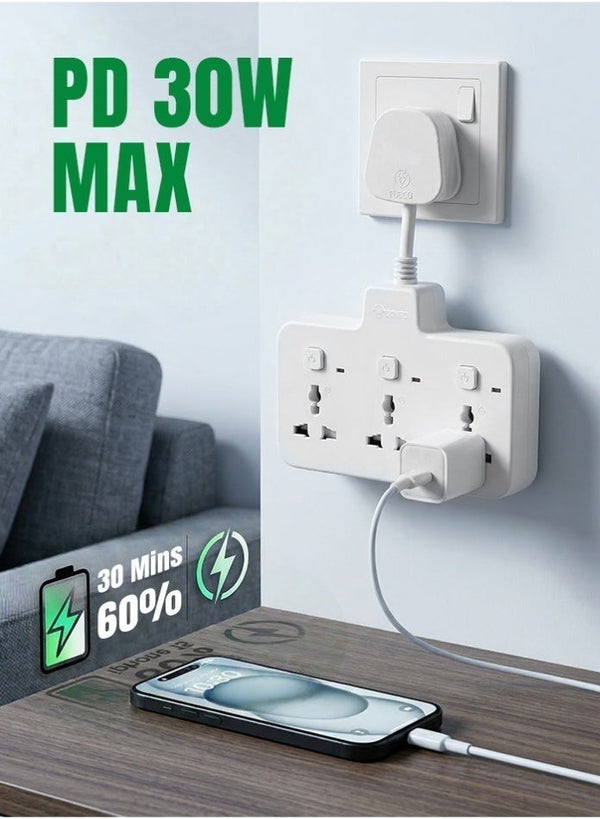GONEO 3 In 1 Power Strip Wall Extension Plug, 3 Outlets with Individual Switches, Universal Multi Plug Power Extension Socket with Surge Protection for Home & Office