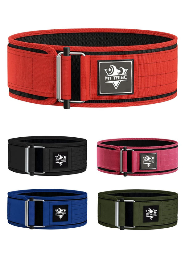 FIT TRIBE Weight Lifting Belt, Self-Locking Adjustable Gym Belt, Powerlifting & Strength Training Lumbar Support, Durable Nylon Belt for Men & Women Fitness Workouts (Red)