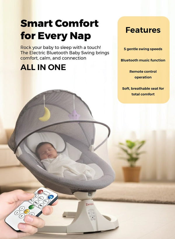 Zenito Electric Baby Swing - Soothing & Entertaining -Baby Swing for Infants, Electric Infant Swing with Remote Control Music Speaker, Baby Swing for Newborn with 5 Swing Speed,Baby Bouncer with mosquito net Baby Rocker for 0-2 years old - Grey